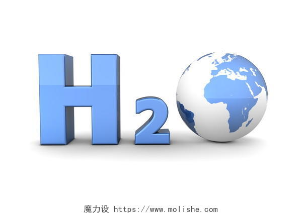 白色背景下化学符号 h2o 中的o像极了闪闪发亮的淡蓝色氢氧化地球仪